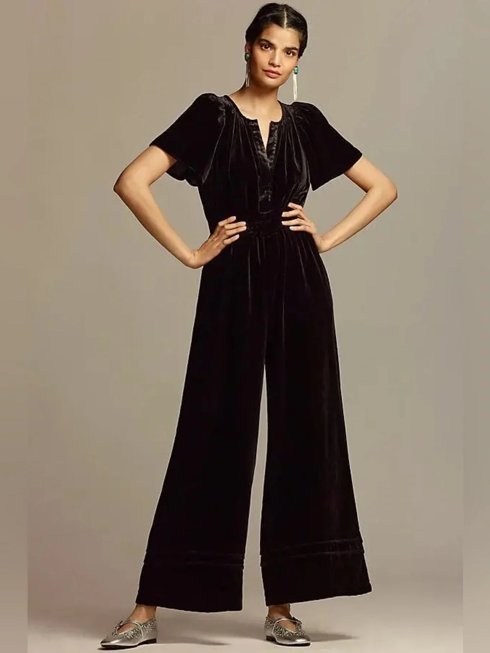Anthropologie The Somerset Smocked Velvet Wide Leg Jumpsuit in Black XL NEW